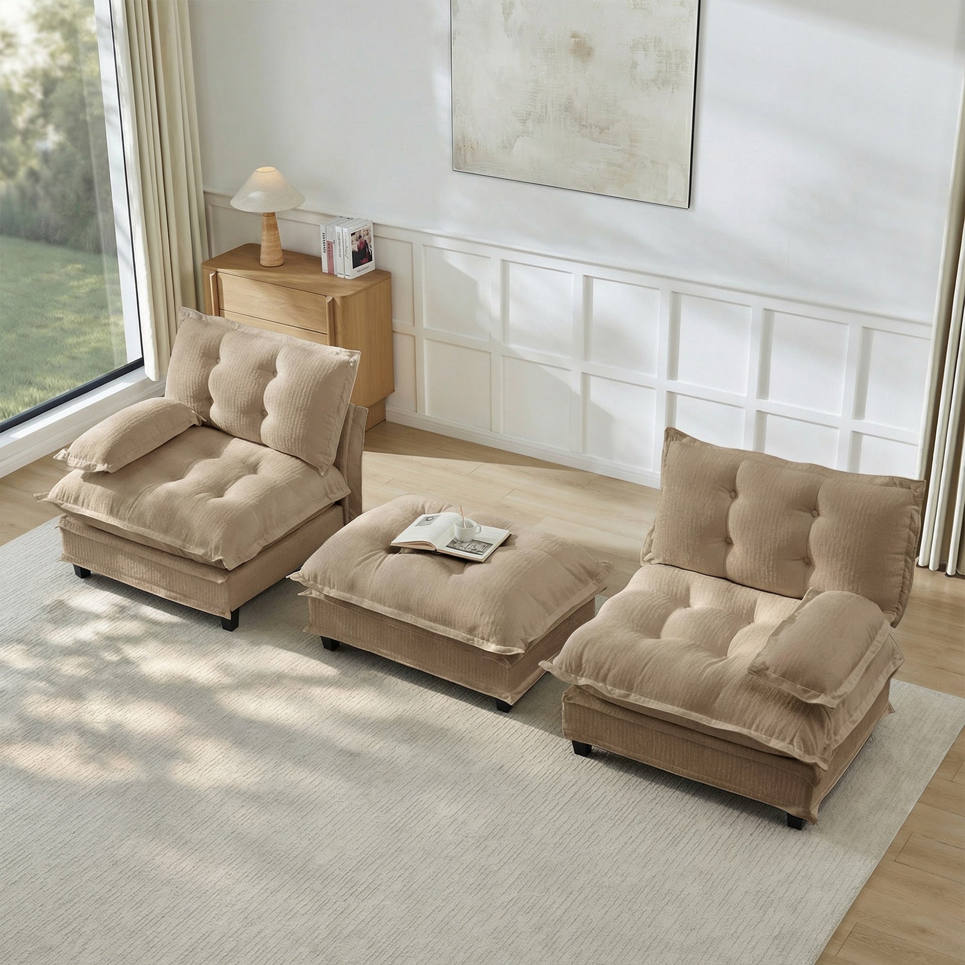 77" L Shaped Modern Sofa Modular Sectional Cloud Couch with Ottoman, 2-Seat Chenille Deep Seat Sofa with Comfy Lattice Decored Seat Cushion, for Living Room, Bedroom and Apartment,Light coffee