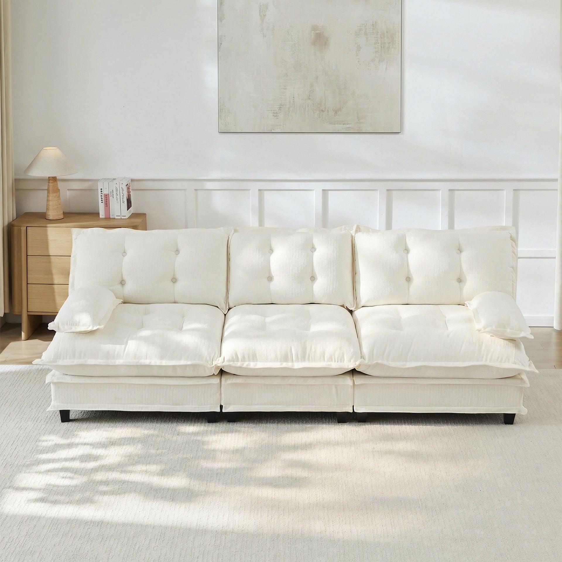 107" 3-Seater Cloud Sofa, Modular Sectional Couch, Modern Deep Seat Sofa for Living Room, Comfy Lattice Decored Seat Cushion, Breathable Chenille Fabric, Beige