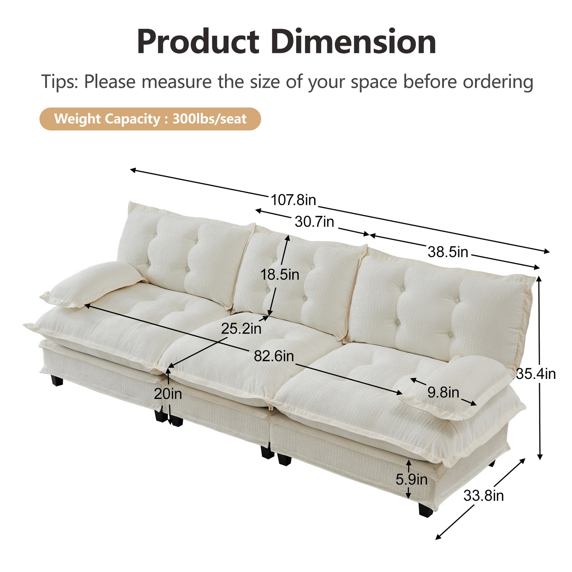 107" 3-Seater Cloud Sofa, Modular Sectional Couch, Modern Deep Seat Sofa for Living Room, Comfy Lattice Decored Seat Cushion, Breathable Chenille Fabric, Beige