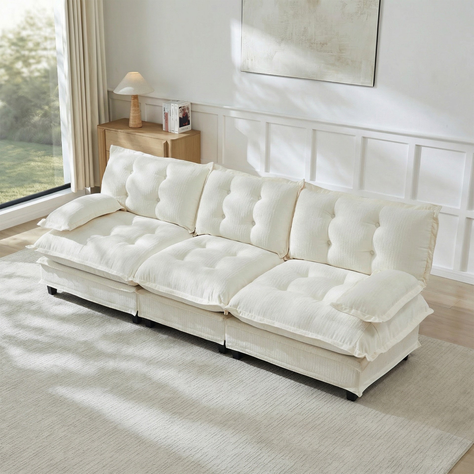 107" 3-Seater Cloud Sofa, Modular Sectional Couch, Modern Deep Seat Sofa for Living Room, Comfy Lattice Decored Seat Cushion, Breathable Chenille Fabric, Beige