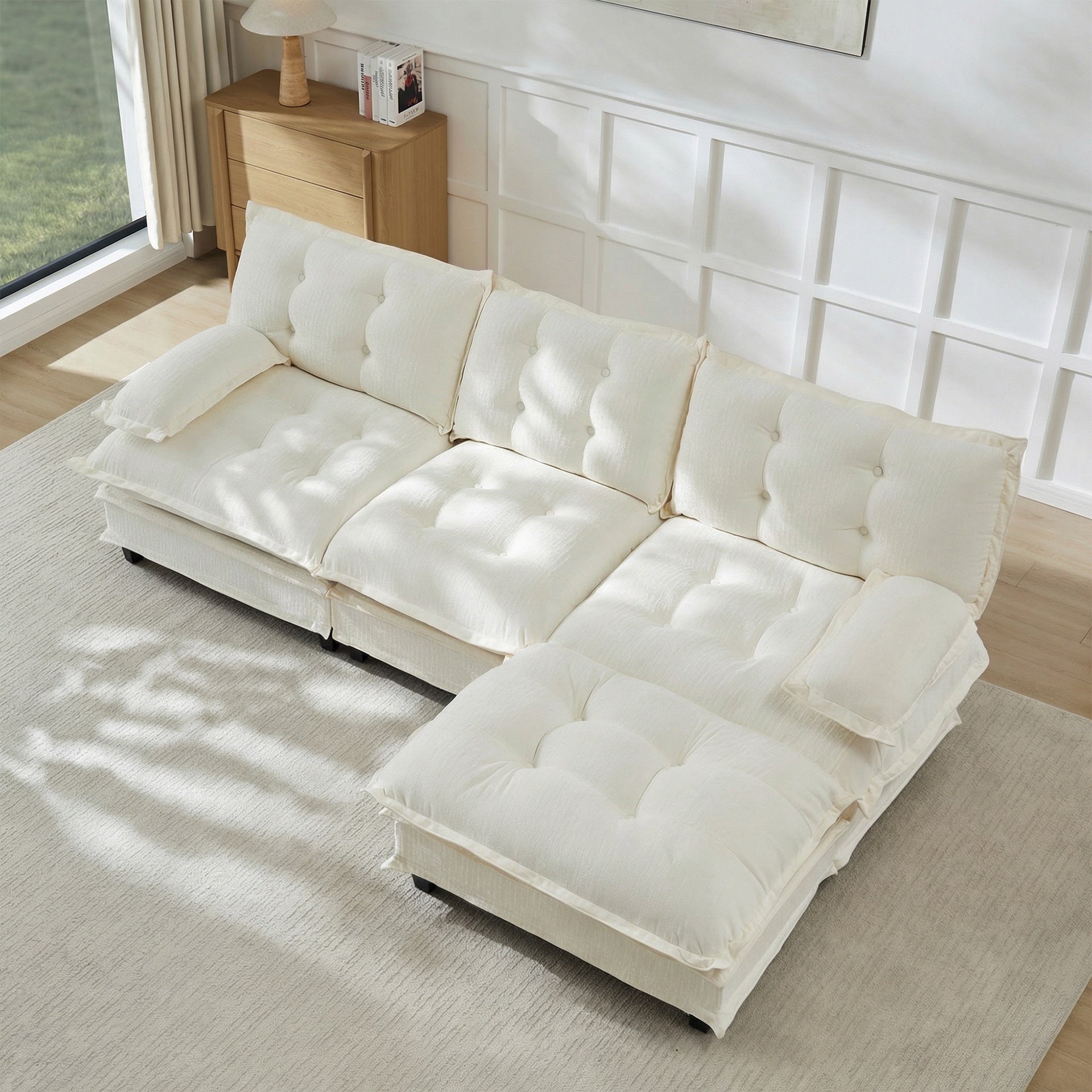 107" 3-Seater Cloud Sofa, Modular Sectional Couch, Modern Deep Seat Sofa for Living Room, Comfy Lattice Decored Seat Cushion, Breathable Chenille Fabric, Beige
