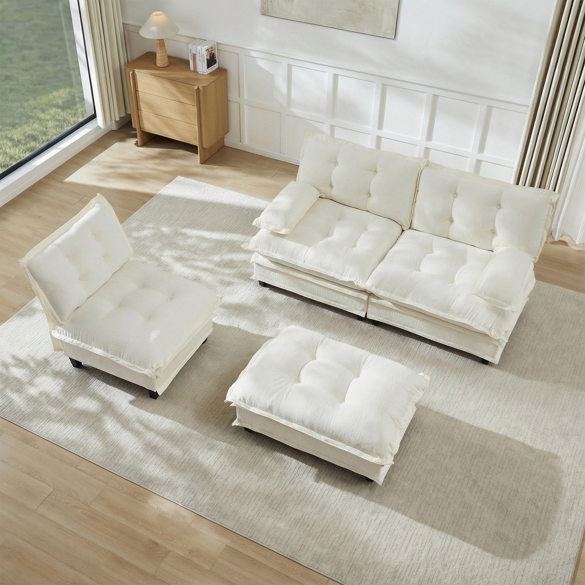 107" 3-Seater Cloud Sofa, Modular Sectional Couch, Modern Deep Seat Sofa for Living Room, Comfy Lattice Decored Seat Cushion, Breathable Chenille Fabric, Beige