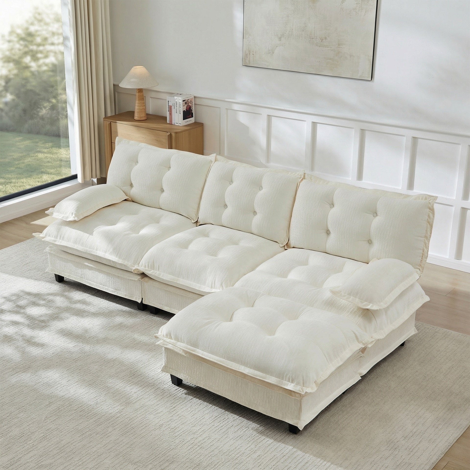 107" 3-Seater Cloud Sofa, Modular Sectional Couch, Modern Deep Seat Sofa for Living Room, Comfy Lattice Decored Seat Cushion, Breathable Chenille Fabric, Beige