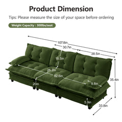 107" 3-Seater Cloud Sofa, Modular Sectional Couch, Modern Deep Seat Sofa for Living Room, Comfy Lattice Decored Seat Cushion, Breathable Chenille Fabric, Green