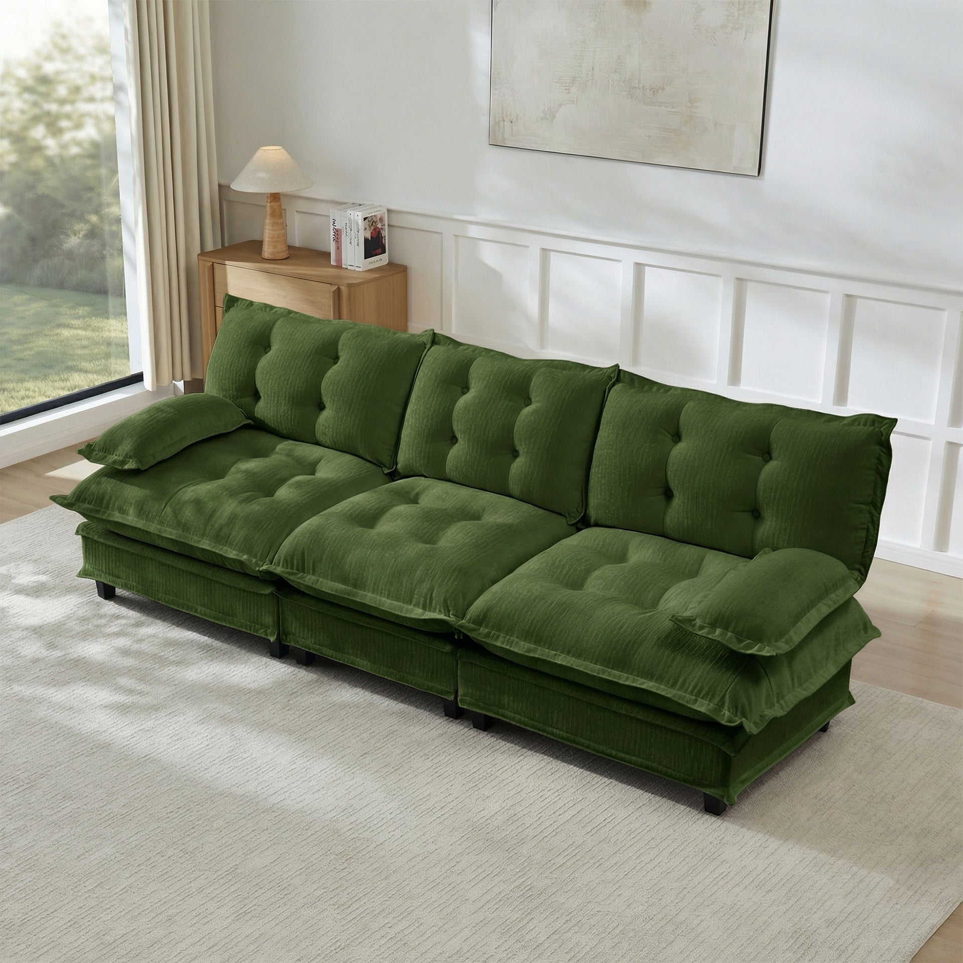 107" 3-Seater Cloud Sofa, Modular Sectional Couch, Modern Deep Seat Sofa for Living Room, Comfy Lattice Decored Seat Cushion, Breathable Chenille Fabric, Green