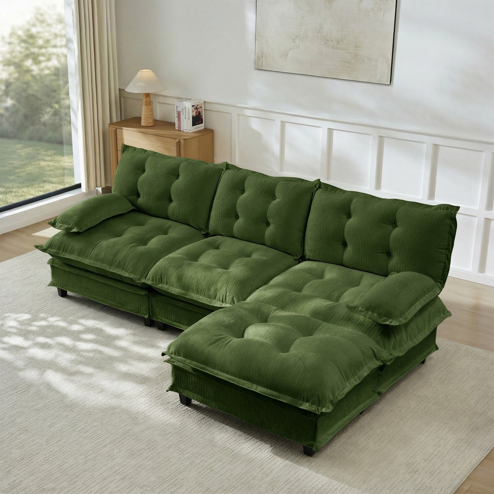 107" L Shaped Modern Sofa Modular Sectional Cloud Couch with Ottoman, 3-Seat Chenille Deep Seat Sofa with Comfy Lattice Decored Seat Cushion, Bedroom and Apartment, Green