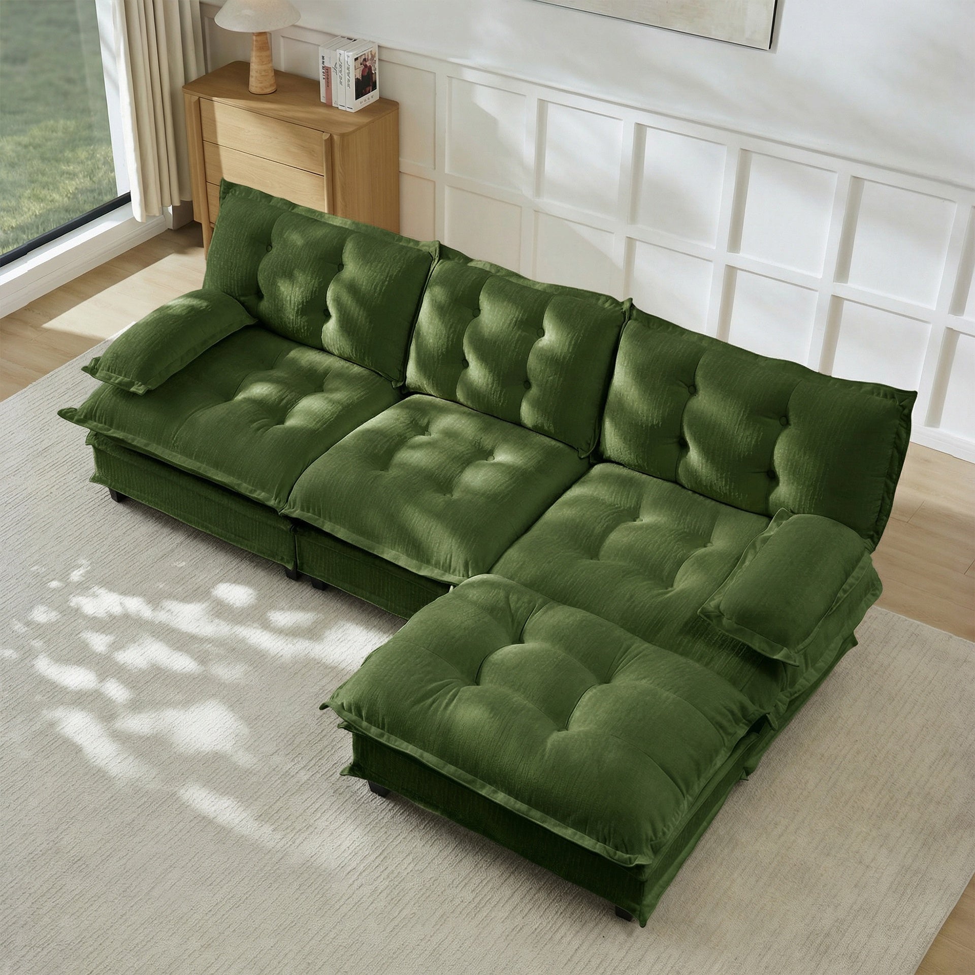107" L Shaped Modern Sofa Modular Sectional Cloud Couch with Ottoman, 3-Seat Chenille Deep Seat Sofa with Comfy Lattice Decored Seat Cushion, Bedroom and Apartment, Green