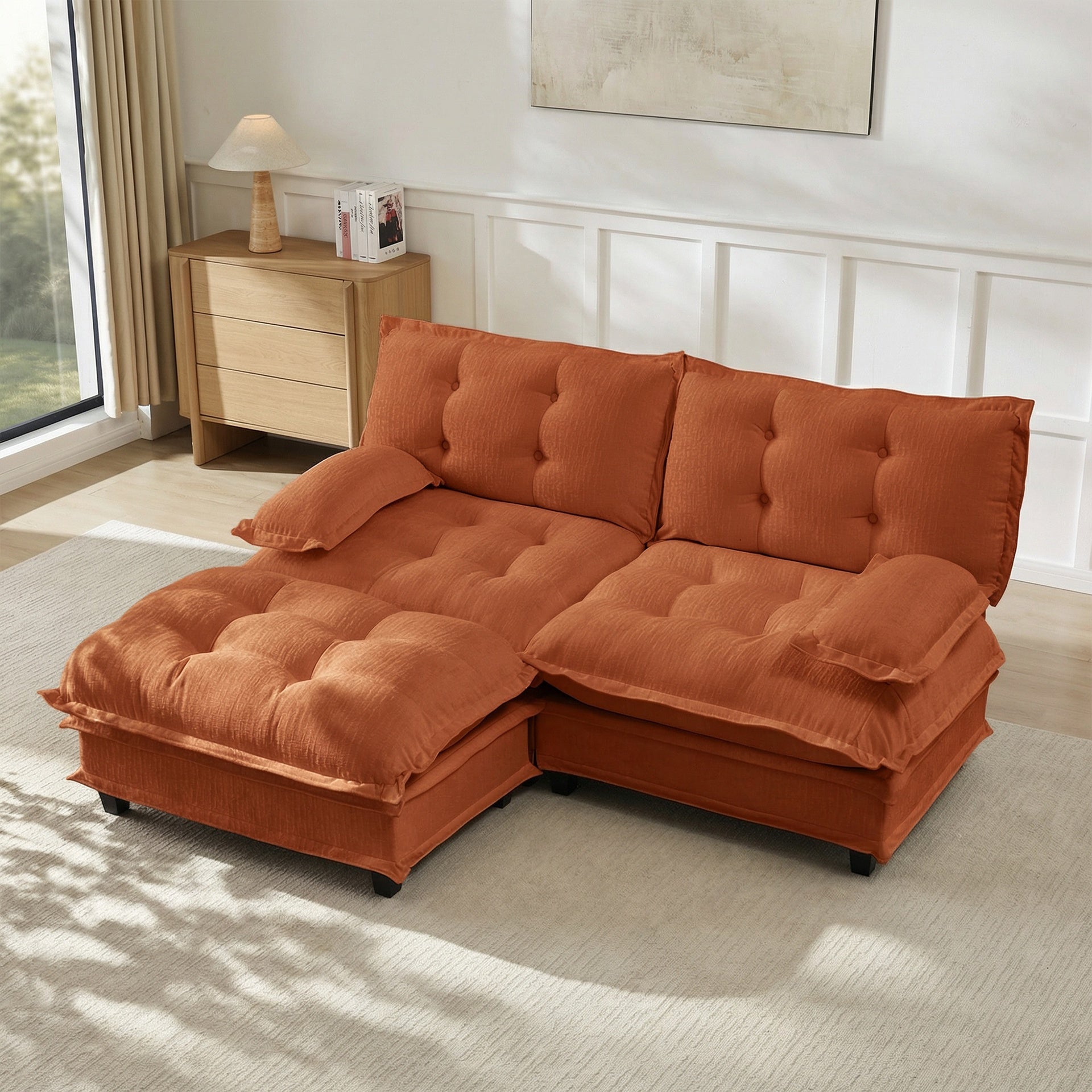 77" L Shaped Modern Sofa Modular Sectional Cloud Couch with Ottoman, 2-Seat Chenille Deep Seat Sofa with Comfy Lattice Decored Seat Cushion, for Living Room, Bedroom and Apartment,Orange
