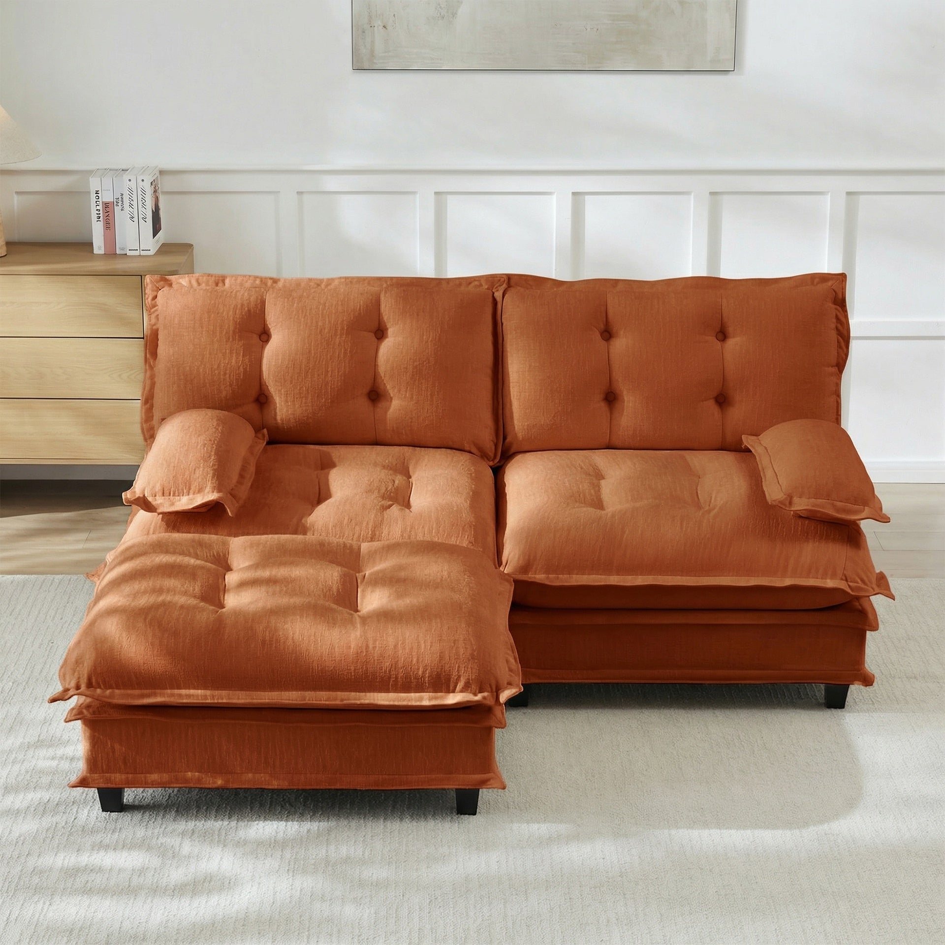 77" L Shaped Modern Sofa Modular Sectional Cloud Couch with Ottoman, 2-Seat Chenille Deep Seat Sofa with Comfy Lattice Decored Seat Cushion, for Living Room, Bedroom and Apartment,Orange