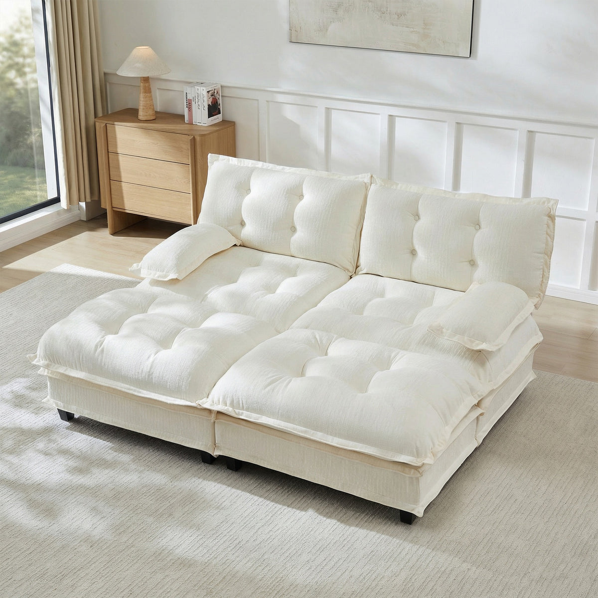 77"  Modern Sofa Modular Sectional Cloud Couch with 2 Ottomans, 2-Seat Chenille Deep Seat Sofa with Comfy Lattice Decored Seat Cushion, Sleeper Sofa Bed for Living Room, Bedroom and Apartment,Beige