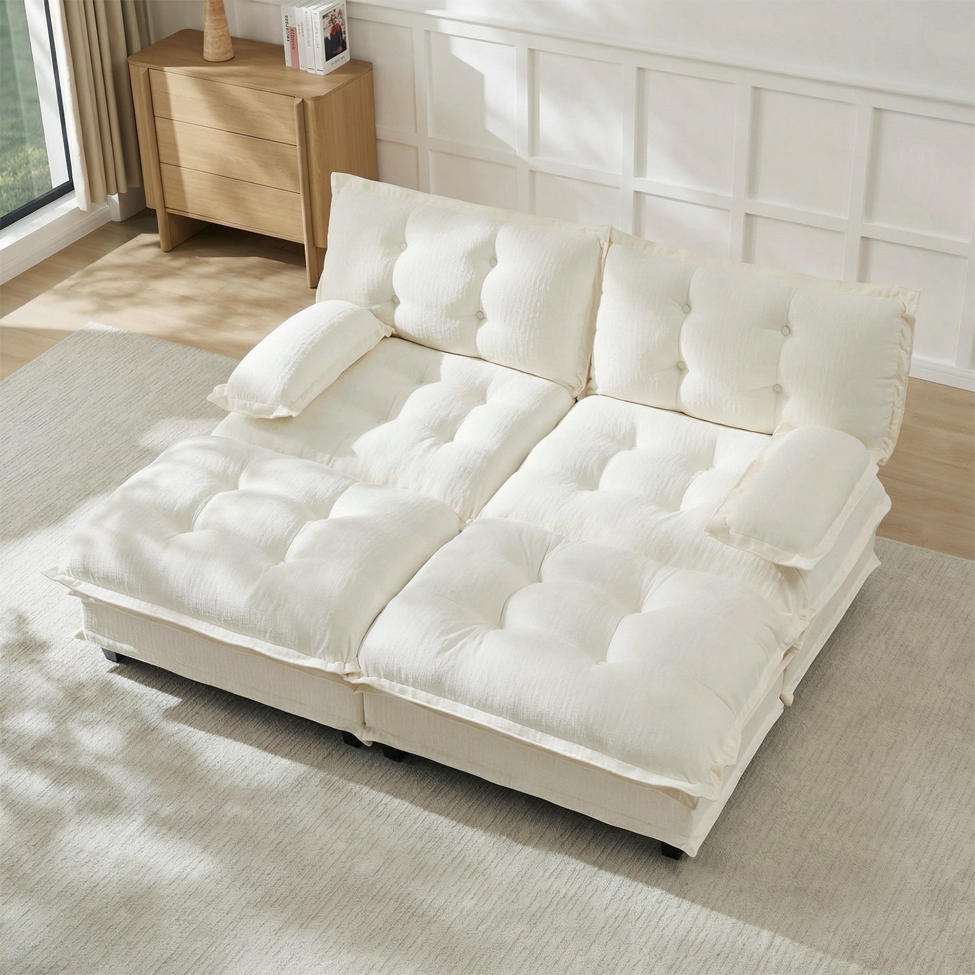 77"  Modern Sofa Modular Sectional Cloud Couch with 2 Ottomans, 2-Seat Chenille Deep Seat Sofa with Comfy Lattice Decored Seat Cushion, Sleeper Sofa Bed for Living Room, Bedroom and Apartment,Beige