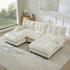 107" U Shaped Modern Sofa Modular Sectional Cloud Couch with  2 Ottomans, 3-Seat Chenille Deep Seat Sofa with Comfy Lattice Decored Seat Cushion, Bedroom and Apartment, Beige