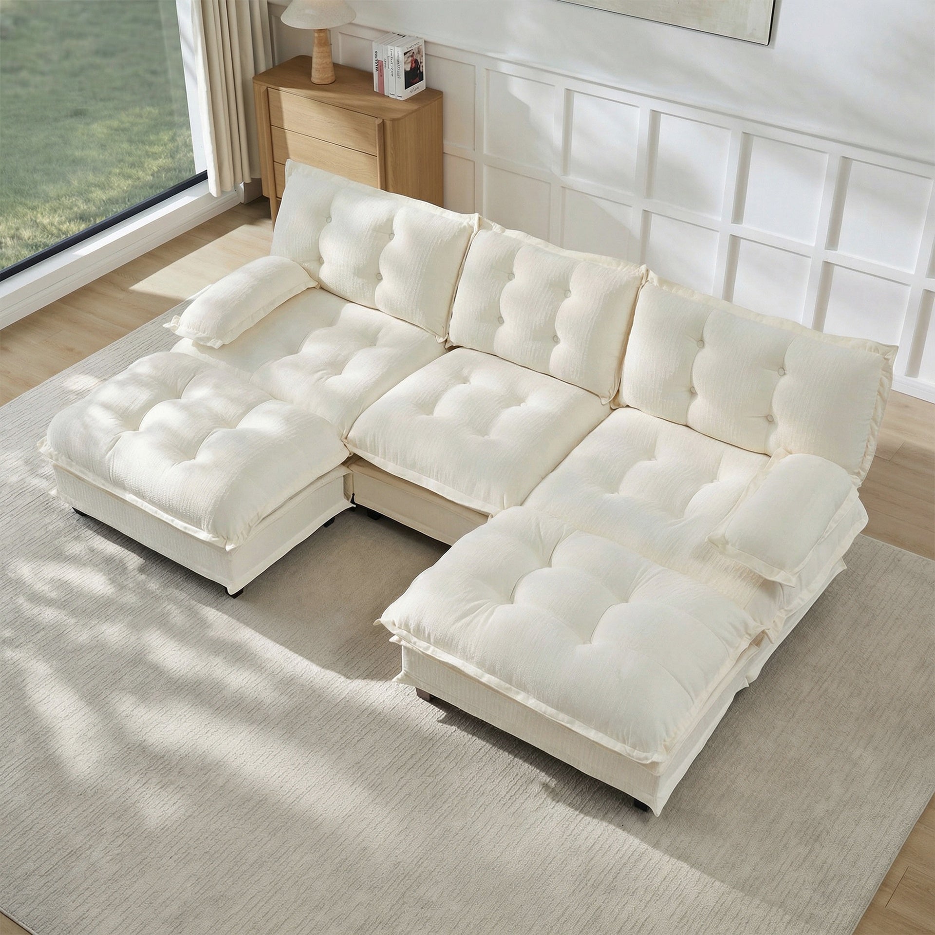 107" U Shaped Modern Sofa Modular Sectional Cloud Couch with  2 Ottomans, 3-Seat Chenille Deep Seat Sofa with Comfy Lattice Decored Seat Cushion, Bedroom and Apartment, Beige