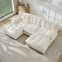 107" U Shaped Modern Sofa Modular Sectional Cloud Couch with  2 Ottomans, 3-Seat Chenille Deep Seat Sofa with Comfy Lattice Decored Seat Cushion, Bedroom and Apartment, Beige