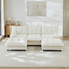 107" U Shaped Modern Sofa Modular Sectional Cloud Couch with  2 Ottomans, 3-Seat Chenille Deep Seat Sofa with Comfy Lattice Decored Seat Cushion, Bedroom and Apartment, Beige