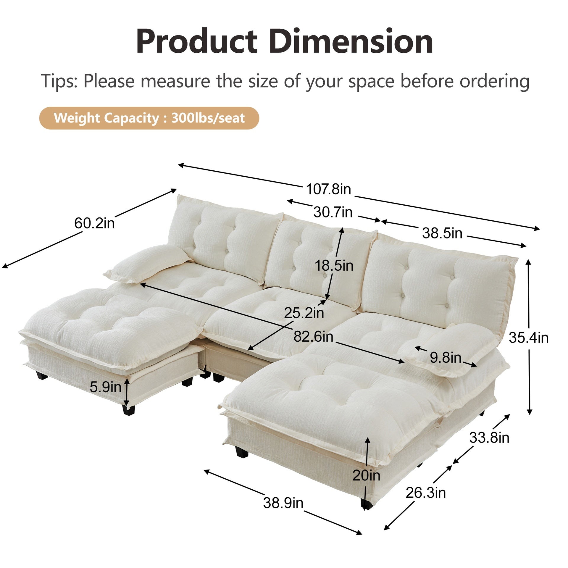 107" U Shaped Modern Sofa Modular Sectional Cloud Couch with  2 Ottomans, 3-Seat Chenille Deep Seat Sofa with Comfy Lattice Decored Seat Cushion, Bedroom and Apartment, Beige
