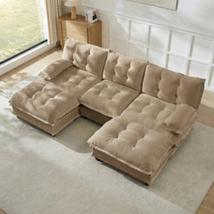 107" U Shaped Modern Sofa Modular Sectional Cloud Couch with  2 Ottomans, 3-Seat Chenille Deep Seat Sofa with Comfy Lattice Decored Seat Cushion, Bedroom and Apartment, Light coffee