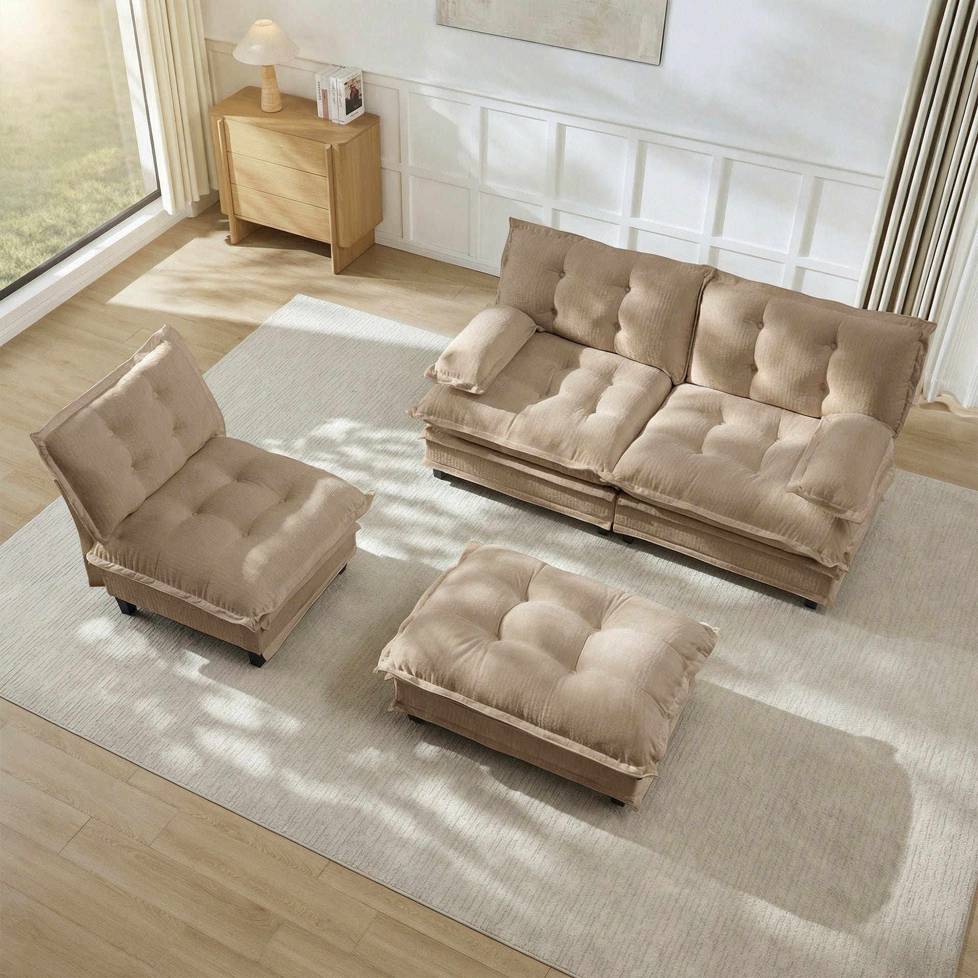 107" L Shaped Modern Sofa Modular Sectional Cloud Couch with Ottoman, 3-Seat Chenille Deep Seat Sofa with Comfy Lattice Decored Seat Cushion, Bedroom and Apartment, Light coffee