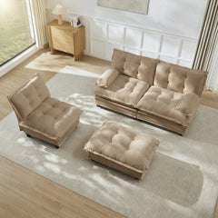 107" L Shaped Modern Sofa Modular Sectional Cloud Couch with Ottoman, 3-Seat Chenille Deep Seat Sofa with Comfy Lattice Decored Seat Cushion, Bedroom and Apartment, Light coffee