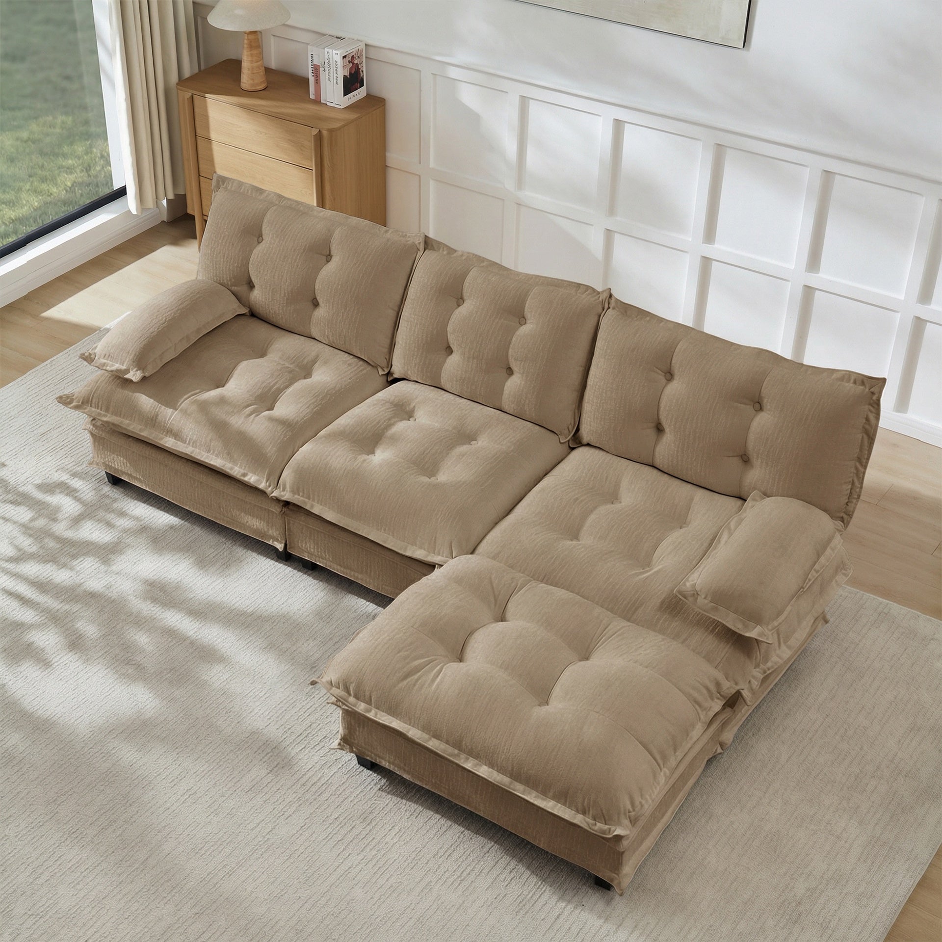 107" L Shaped Modern Sofa Modular Sectional Cloud Couch with Ottoman, 3-Seat Chenille Deep Seat Sofa with Comfy Lattice Decored Seat Cushion, Bedroom and Apartment, Light coffee