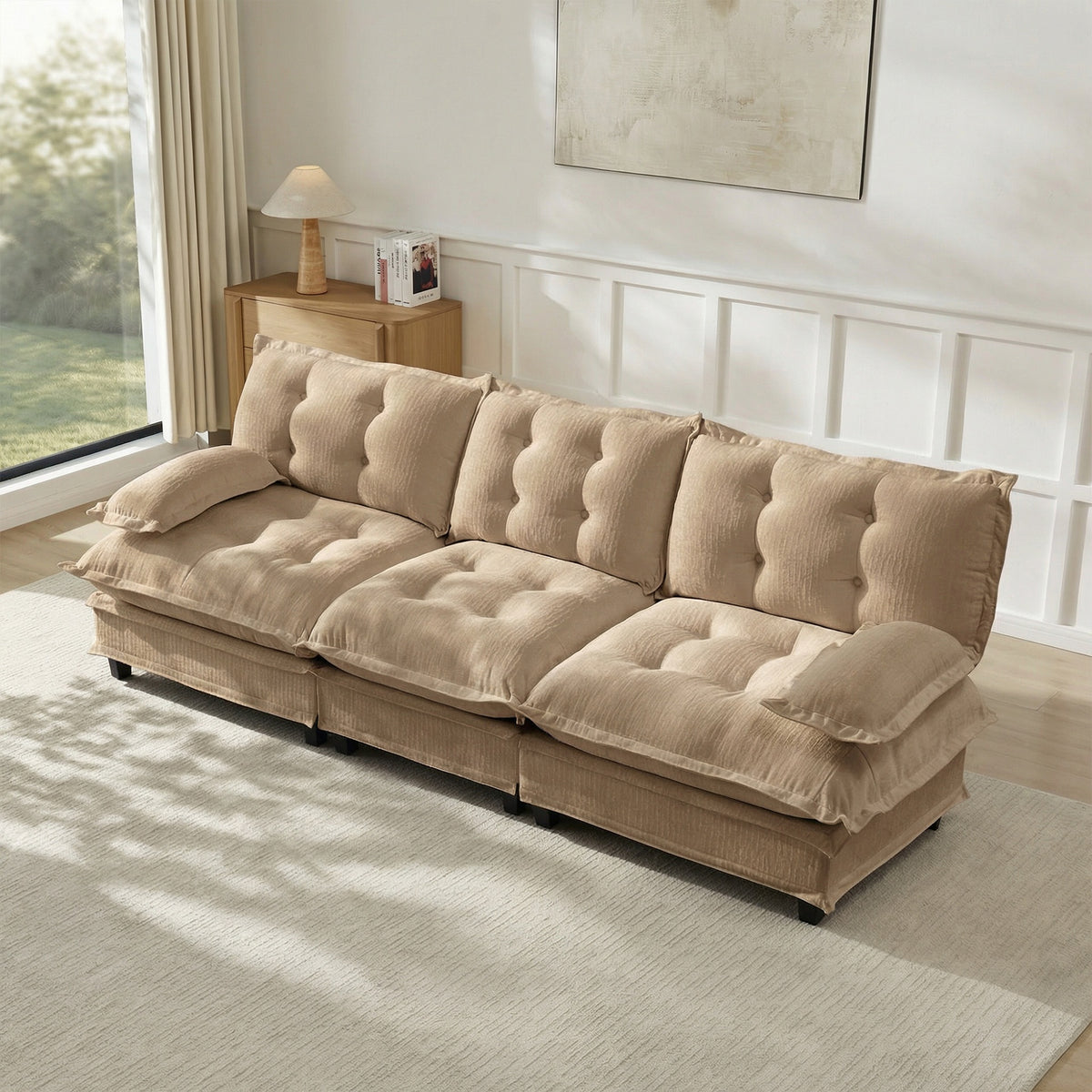 107" 3-Seater Cloud Sofa, Modular Sectional Couch, Modern Deep Seat Sofa for Living Room, Comfy Lattice Decored Seat Cushion, Breathable Chenille Fabric, Light coffee