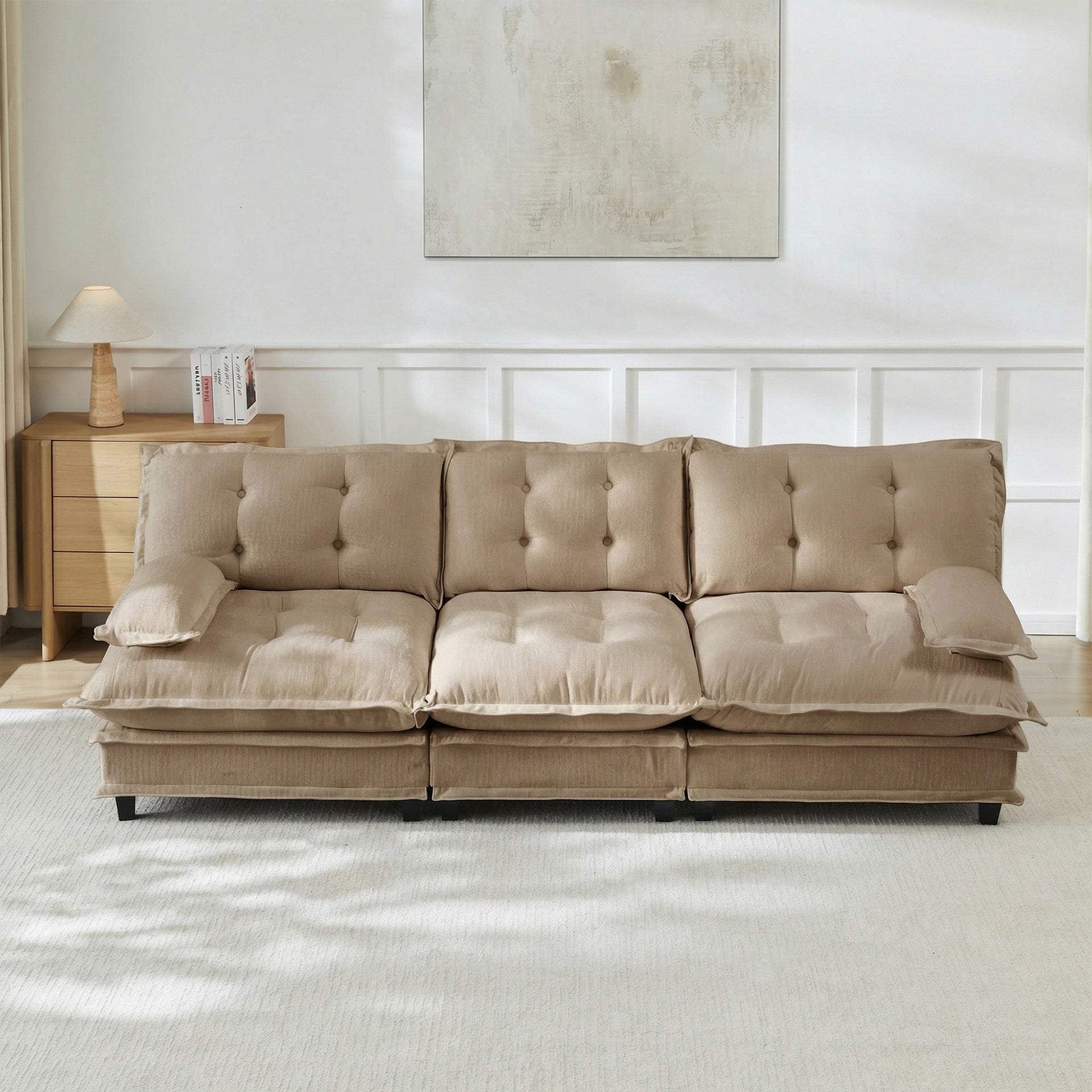 107" 3-Seater Cloud Sofa, Modular Sectional Couch, Modern Deep Seat Sofa for Living Room, Comfy Lattice Decored Seat Cushion, Breathable Chenille Fabric, Light coffee
