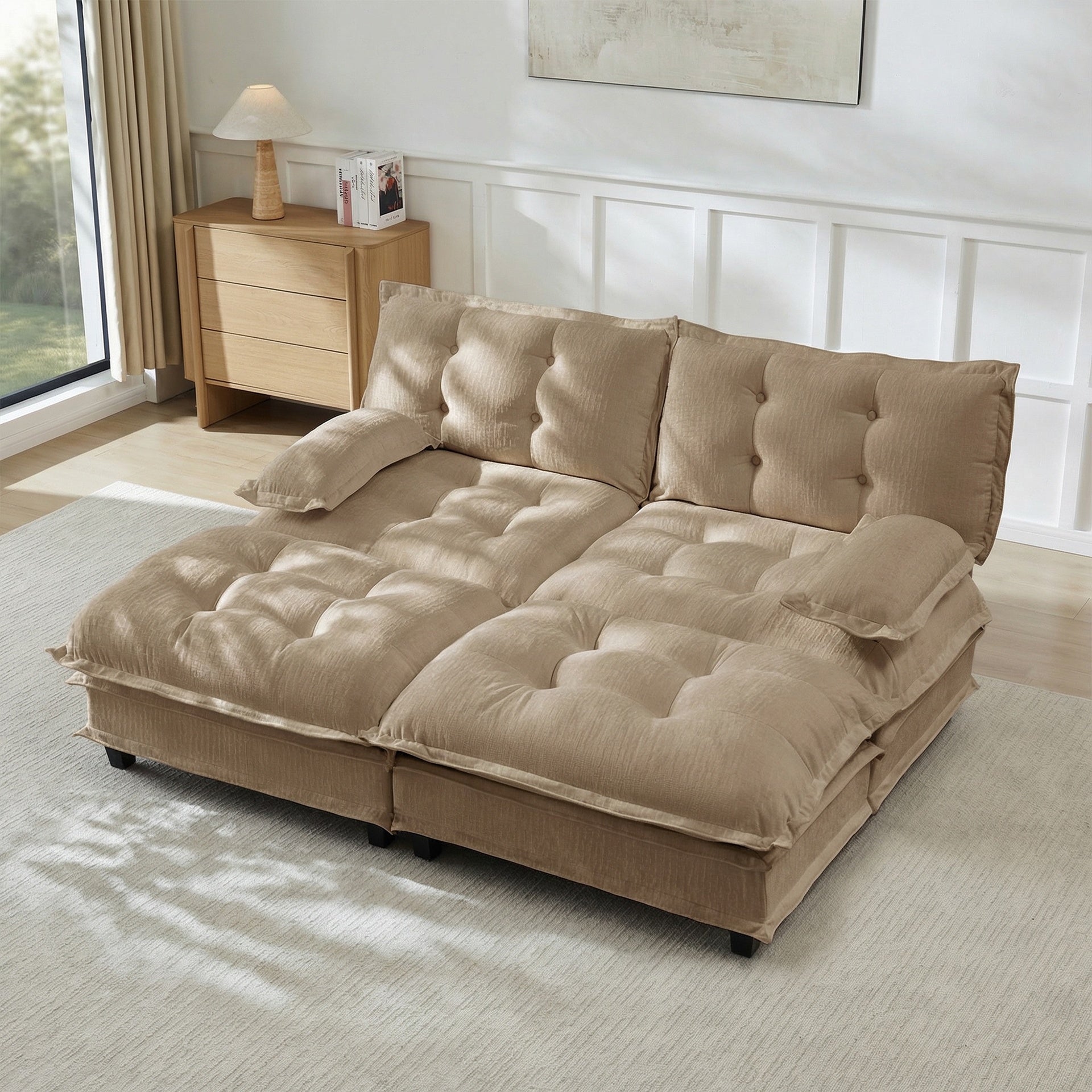 77"  Modern Sofa Modular Sectional Cloud Couch with 2 Ottoman, 2-Seat Chenille Deep Seat Sofa with Comfy Lattice Decored Seat Cushion, Sleeper Sofa Bed for Living Room, Apartment,Light coffee