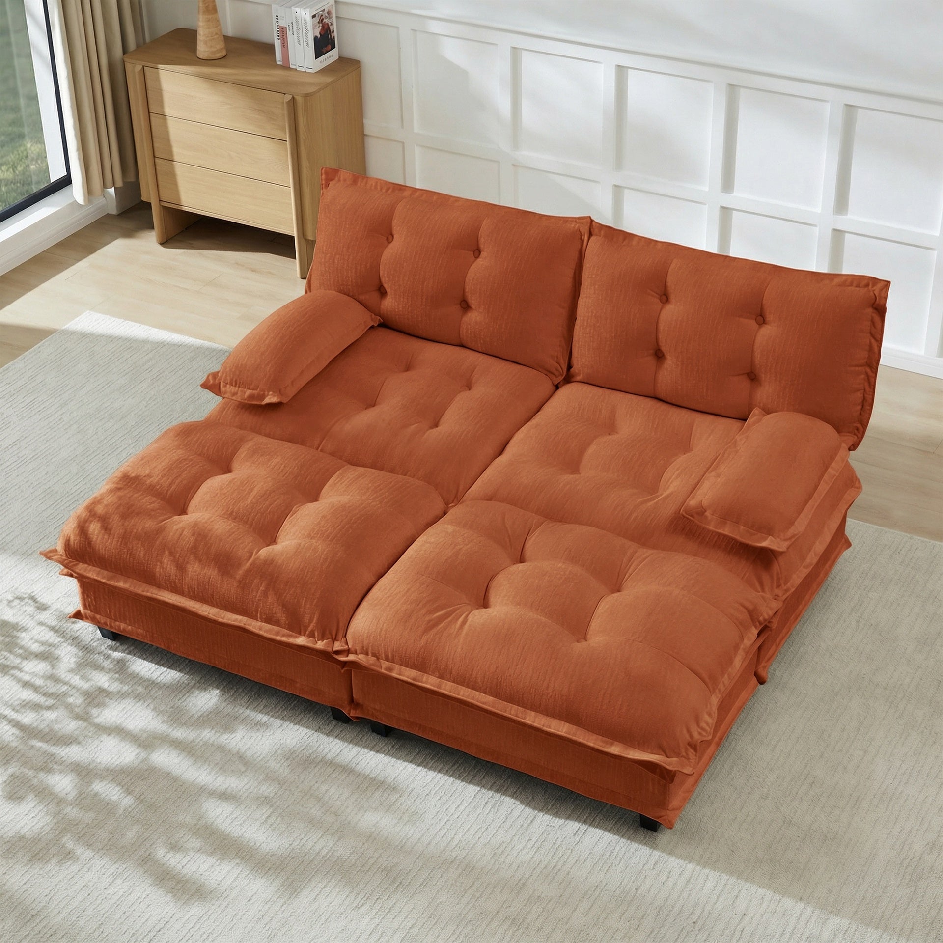 77"  Modern Sofa Modular Sectional Cloud Couch with 2 Ottoman, 2-Seat Chenille Deep Seat Sofa with Comfy Lattice Decored Seat Cushion, Sleeper Sofa Bed for Living Room, Bedroom and Apartment,Orange