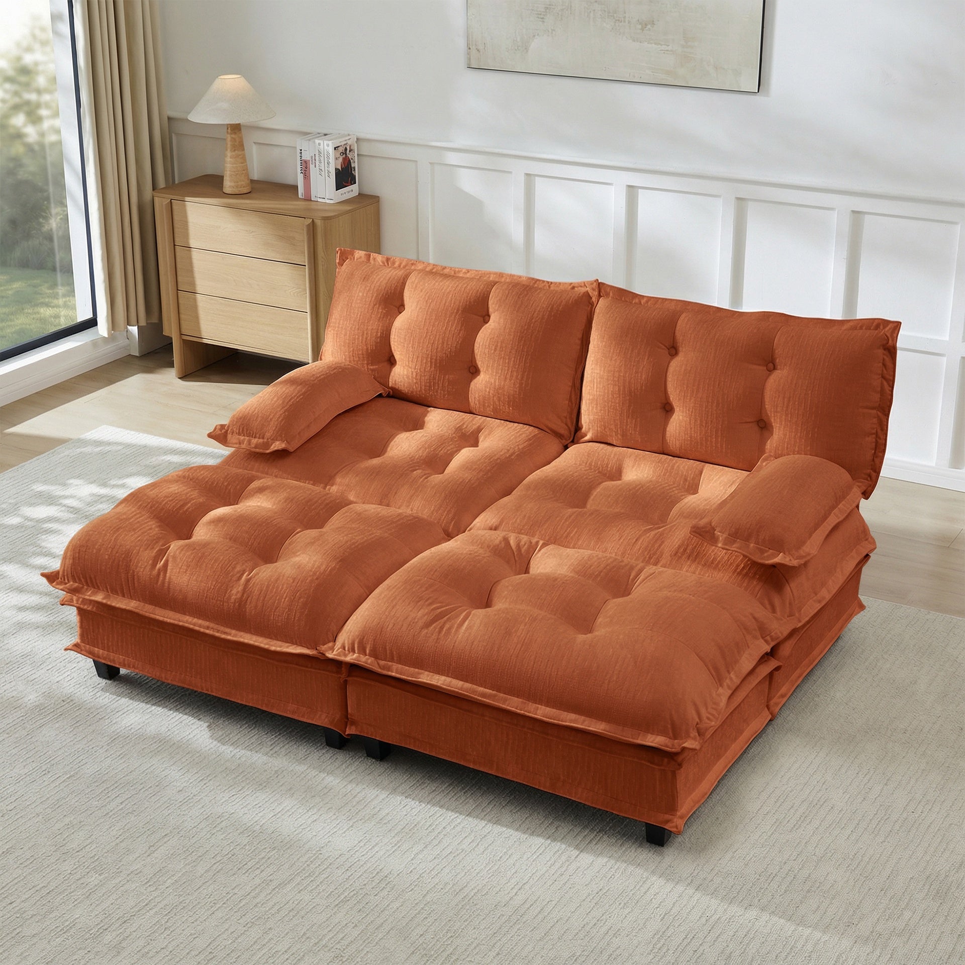 77"  Modern Sofa Modular Sectional Cloud Couch with 2 Ottoman, 2-Seat Chenille Deep Seat Sofa with Comfy Lattice Decored Seat Cushion, Sleeper Sofa Bed for Living Room, Bedroom and Apartment,Orange