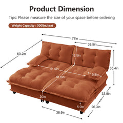 77"  Modern Sofa Modular Sectional Cloud Couch with 2 Ottoman, 2-Seat Chenille Deep Seat Sofa with Comfy Lattice Decored Seat Cushion, Sleeper Sofa Bed for Living Room, Bedroom and Apartment,Orange