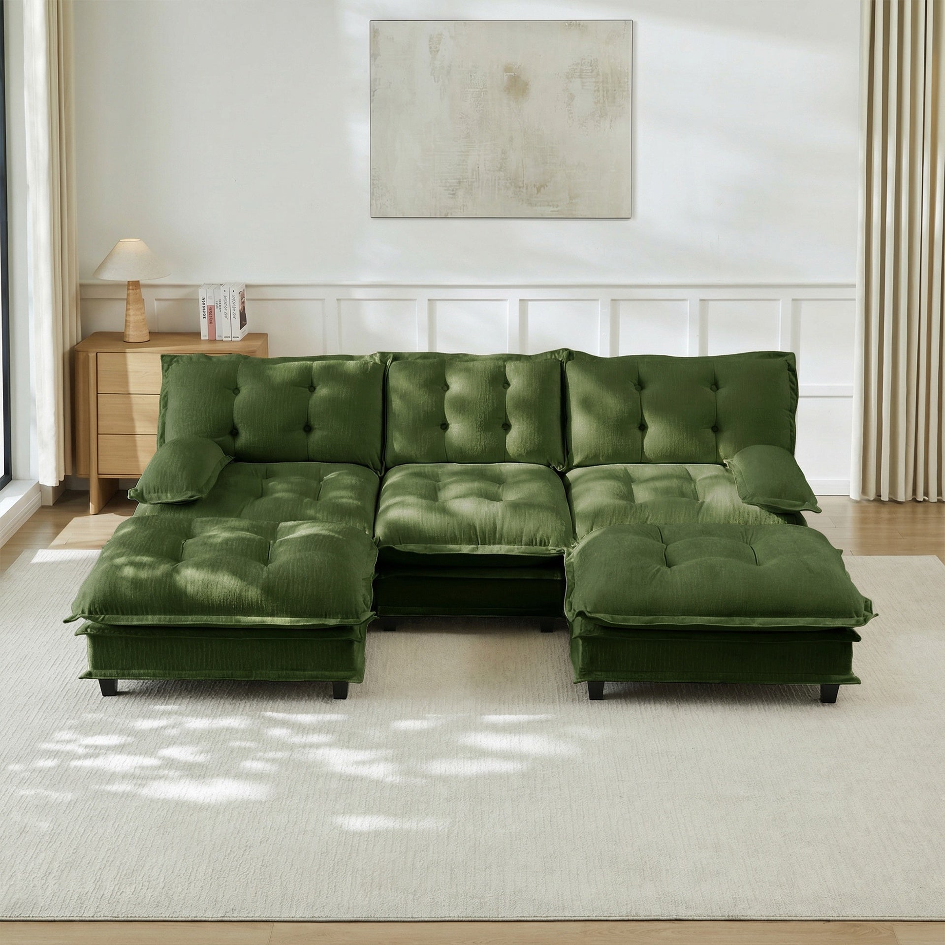 107" U Shaped Modern Sofa Modular Sectional Cloud Couch with  2 Ottomans, 3-Seat Chenille Deep Seat Sofa with Comfy Lattice Decored Seat Cushion, Bedroom and Apartment, Green