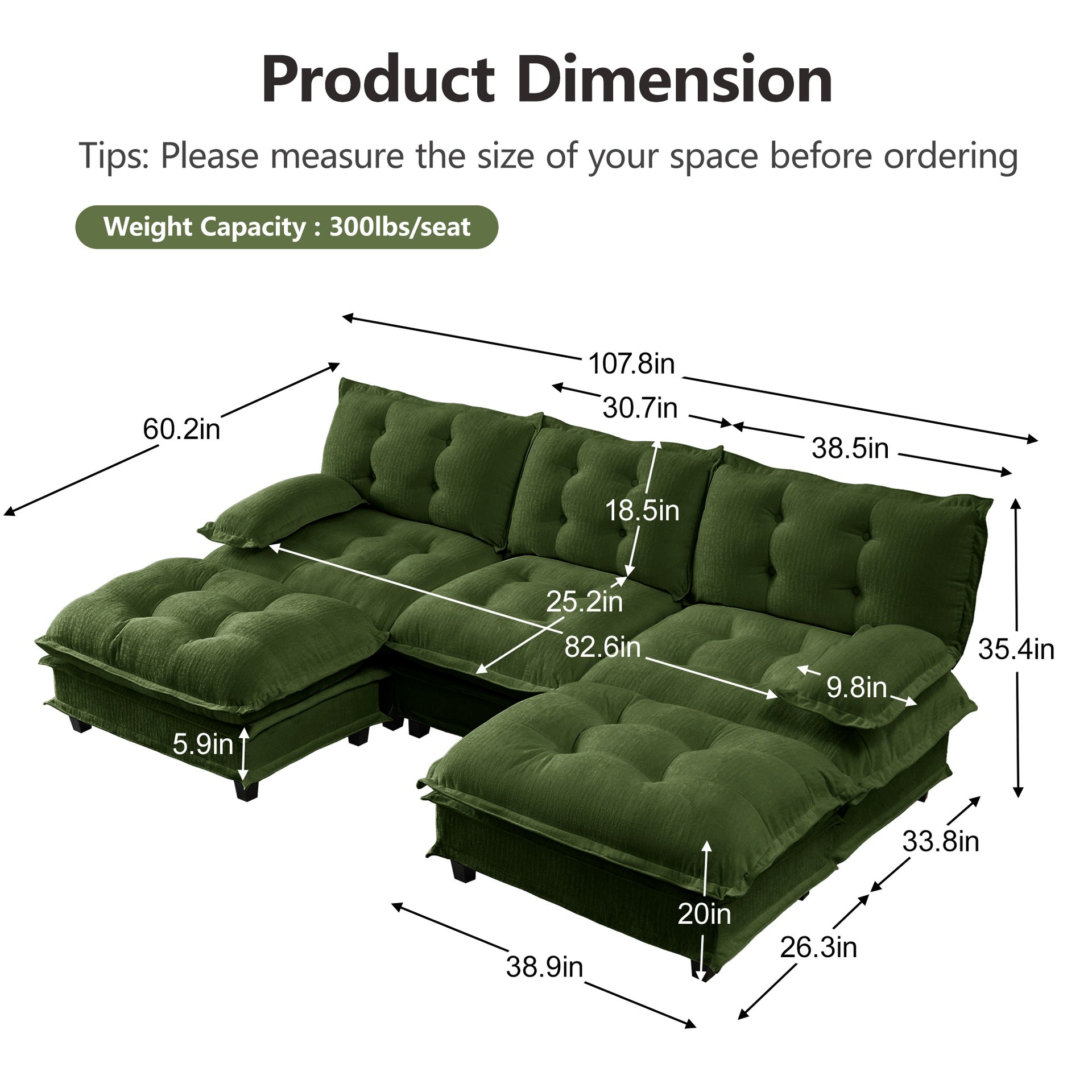 107" U Shaped Modern Sofa Modular Sectional Cloud Couch with  2 Ottomans, 3-Seat Chenille Deep Seat Sofa with Comfy Lattice Decored Seat Cushion, Bedroom and Apartment, Green