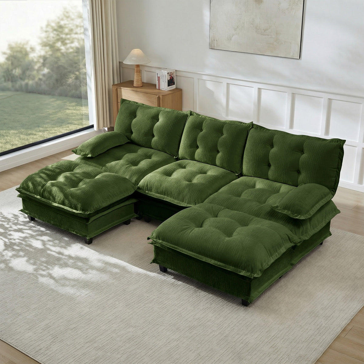 107" U Shaped Modern Sofa Modular Sectional Cloud Couch with  2 Ottomans, 3-Seat Chenille Deep Seat Sofa with Comfy Lattice Decored Seat Cushion, Bedroom and Apartment, Green