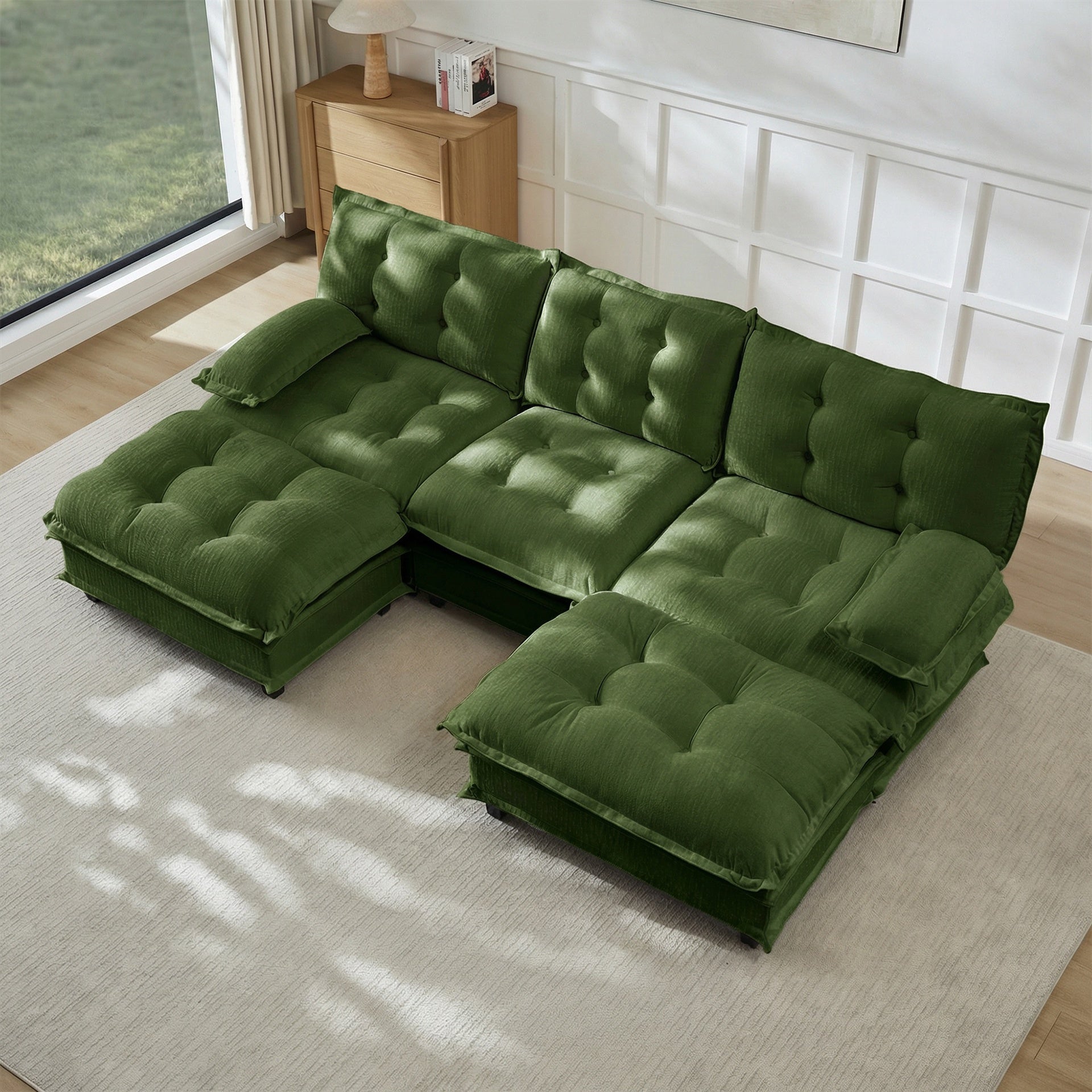 107" U Shaped Modern Sofa Modular Sectional Cloud Couch with  2 Ottomans, 3-Seat Chenille Deep Seat Sofa with Comfy Lattice Decored Seat Cushion, Bedroom and Apartment, Green
