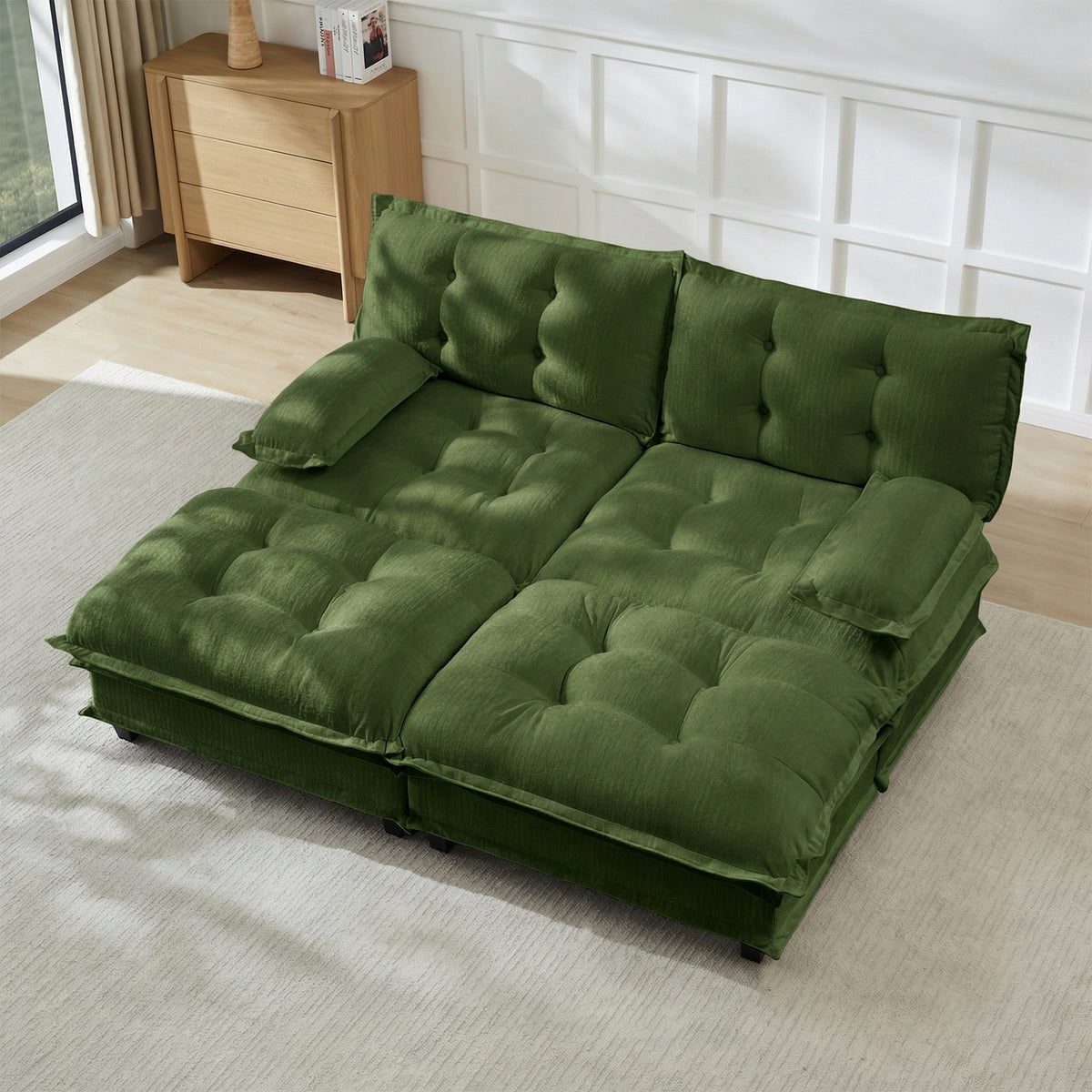 77"  Modern Sofa Modular Sectional Cloud Couch with 2 Ottoman, 2-Seat Chenille Deep Seat Sofa with Comfy Lattice Decored Seat Cushion, Sleeper Sofa Bed for Living Room, Bedroom and Apartment,Green