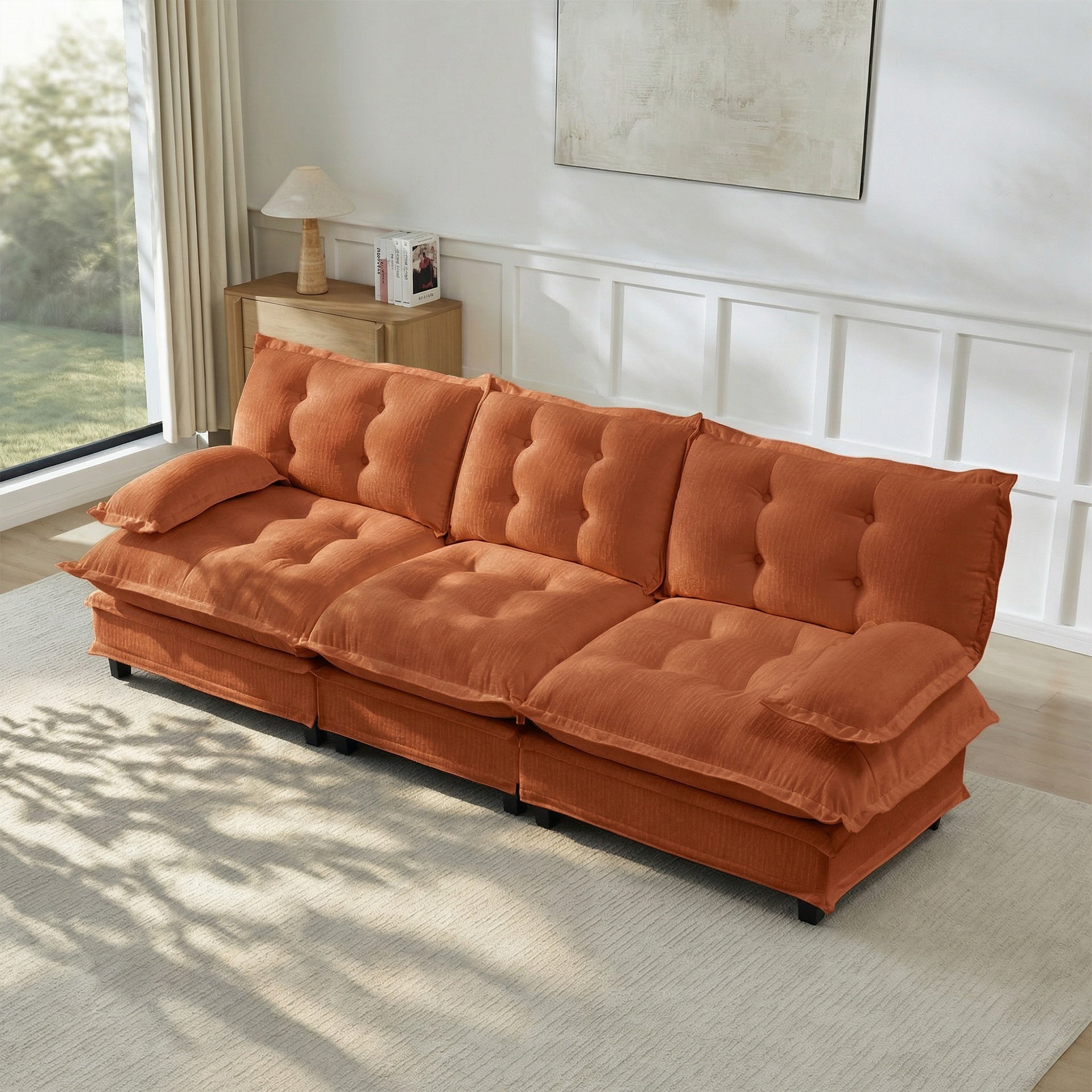 107" 3-Seater Cloud Sofa, Modular Sectional Couch, Modern Deep Seat Sofa for Living Room, Comfy Lattice Decored Seat Cushion, Breathable Chenille Fabric, Orange
