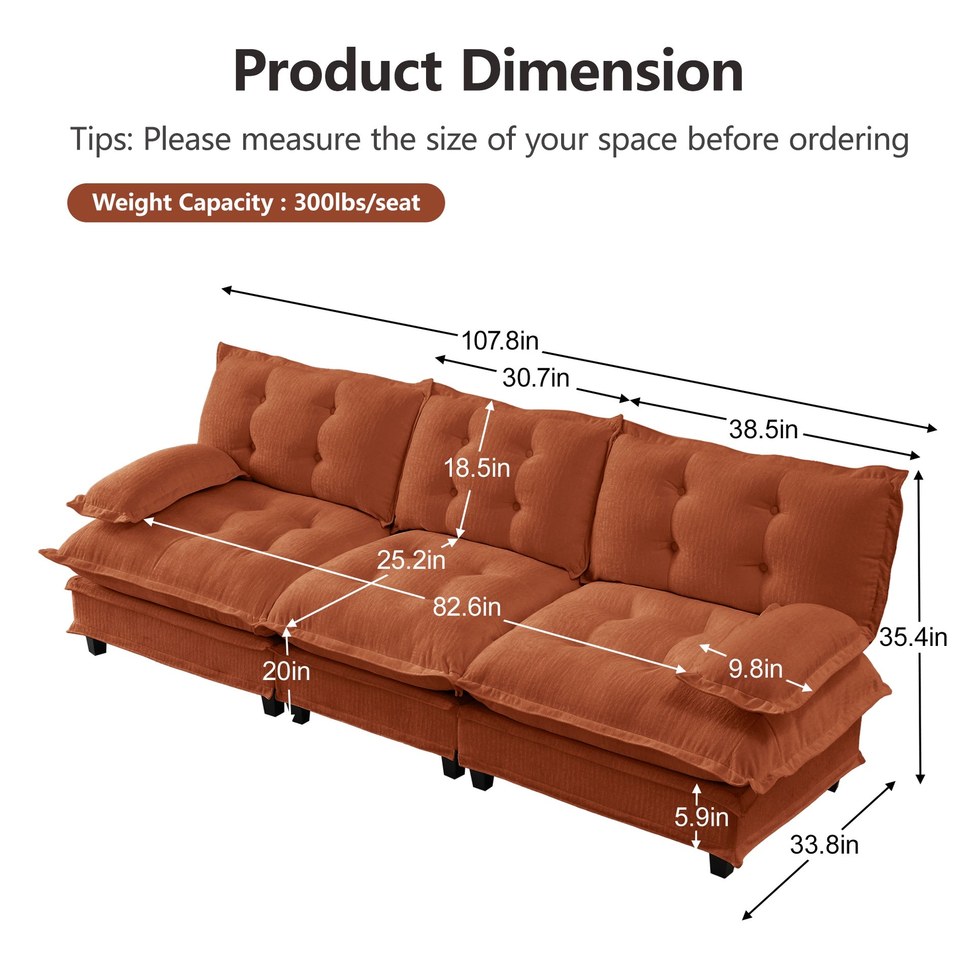 107" 3-Seater Cloud Sofa, Modular Sectional Couch, Modern Deep Seat Sofa for Living Room, Comfy Lattice Decored Seat Cushion, Breathable Chenille Fabric, Orange