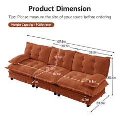 107" 3-Seater Cloud Sofa, Modular Sectional Couch, Modern Deep Seat Sofa for Living Room, Comfy Lattice Decored Seat Cushion, Breathable Chenille Fabric, Orange