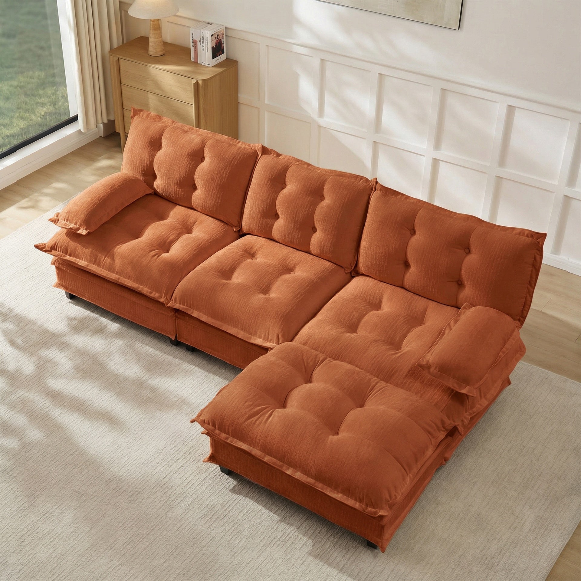 107" L Shaped Modern Sofa Modular Sectional Cloud Couch with Ottoman, 3-Seat Chenille Deep Seat Sofa with Comfy Lattice Decored Seat Cushion, Bedroom and Apartment, Orange