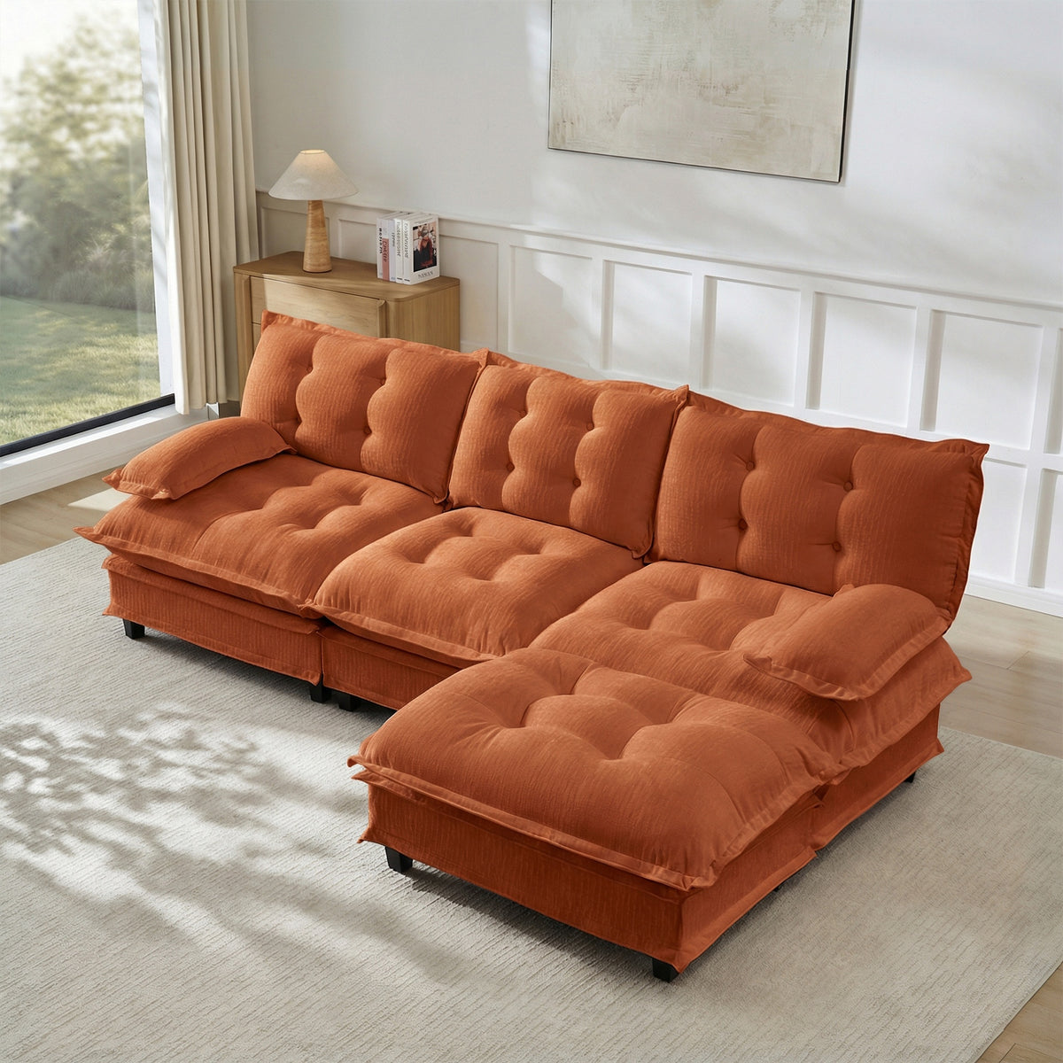 107" L Shaped Modern Sofa Modular Sectional Cloud Couch with Ottoman, 3-Seat Chenille Deep Seat Sofa with Comfy Lattice Decored Seat Cushion, Bedroom and Apartment, Orange