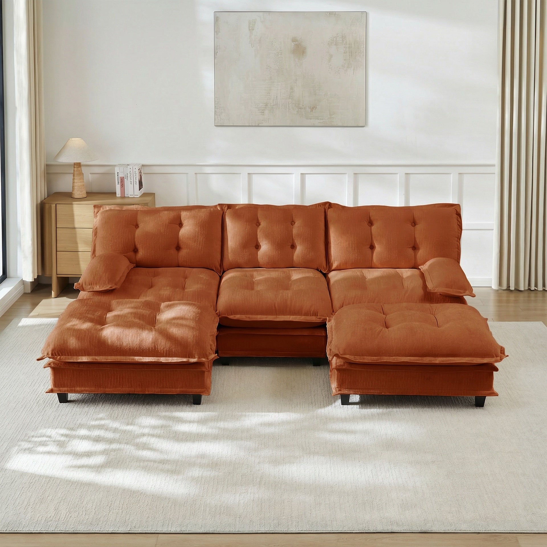107" U Shaped Modern Sofa Modular Sectional Cloud Couch with  2 Ottomans, 3-Seat Chenille Deep Seat Sofa with Comfy Lattice Decored Seat Cushion, Bedroom and Apartment, Orange