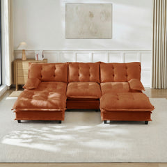107" U Shaped Modern Sofa Modular Sectional Cloud Couch with  2 Ottomans, 3-Seat Chenille Deep Seat Sofa with Comfy Lattice Decored Seat Cushion, Bedroom and Apartment, Orange