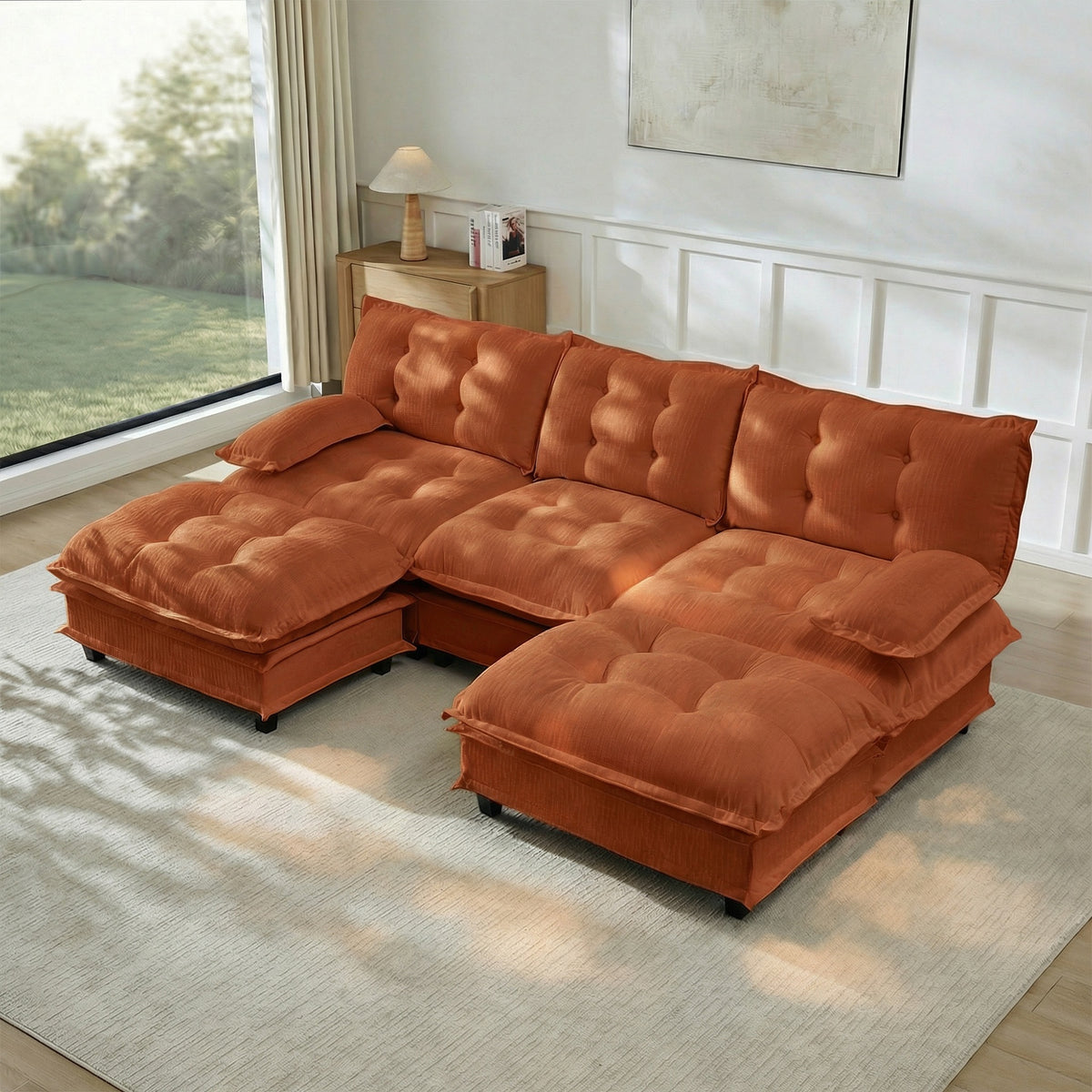 107" U Shaped Modern Sofa Modular Sectional Cloud Couch with  2 Ottomans, 3-Seat Chenille Deep Seat Sofa with Comfy Lattice Decored Seat Cushion, Bedroom and Apartment, Orange