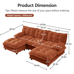 107" U Shaped Modern Sofa Modular Sectional Cloud Couch with  2 Ottomans, 3-Seat Chenille Deep Seat Sofa with Comfy Lattice Decored Seat Cushion, Bedroom and Apartment, Orange