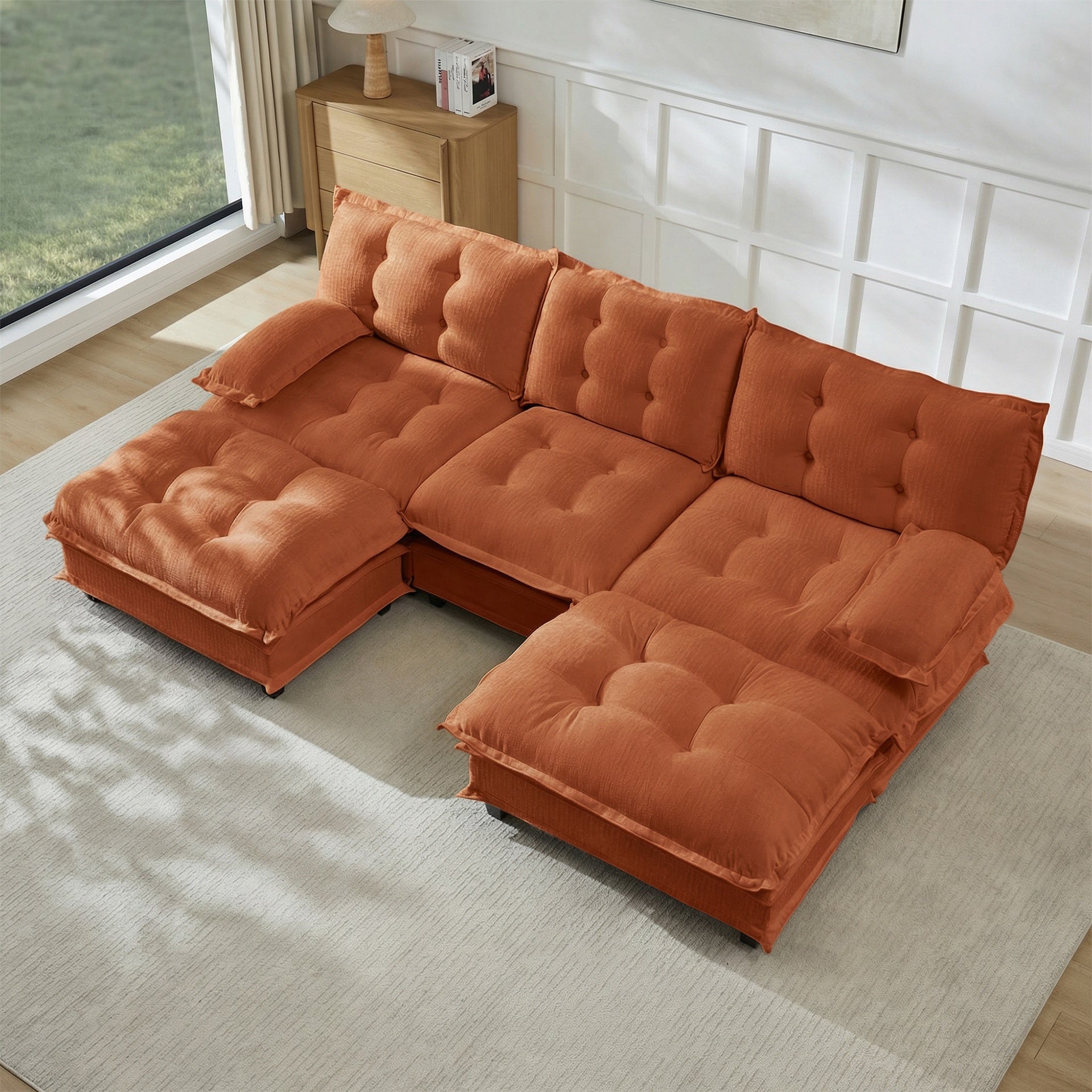 107" U Shaped Modern Sofa Modular Sectional Cloud Couch with  2 Ottomans, 3-Seat Chenille Deep Seat Sofa with Comfy Lattice Decored Seat Cushion, Bedroom and Apartment, Orange