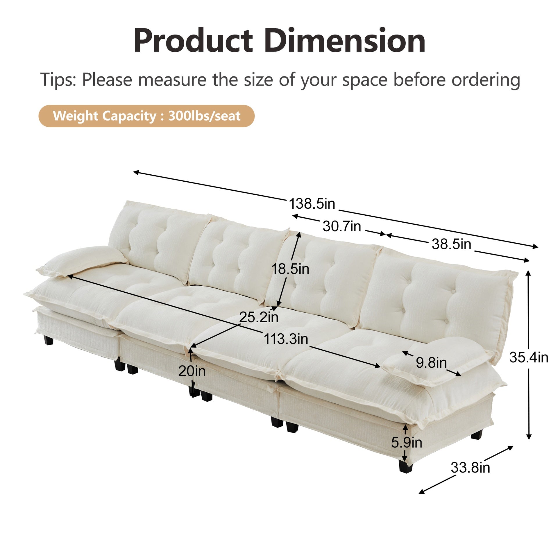 138" 4-Seater Cloud Sofa, Modular Sectional Couch, Modern Deep Seat Sofa for Living Room, Comfy Lattice Decored Seat Cushion, Breathable Chenille Fabric, Beige
