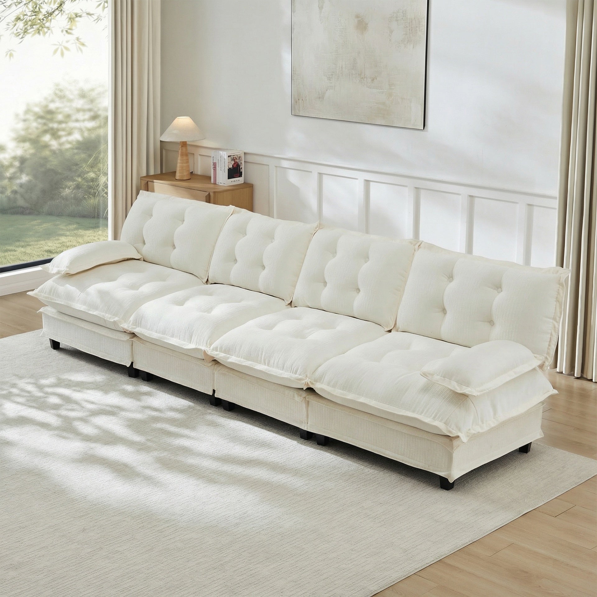 138" 4-Seater Cloud Sofa, Modular Sectional Couch, Modern Deep Seat Sofa for Living Room, Comfy Lattice Decored Seat Cushion, Breathable Chenille Fabric, Beige