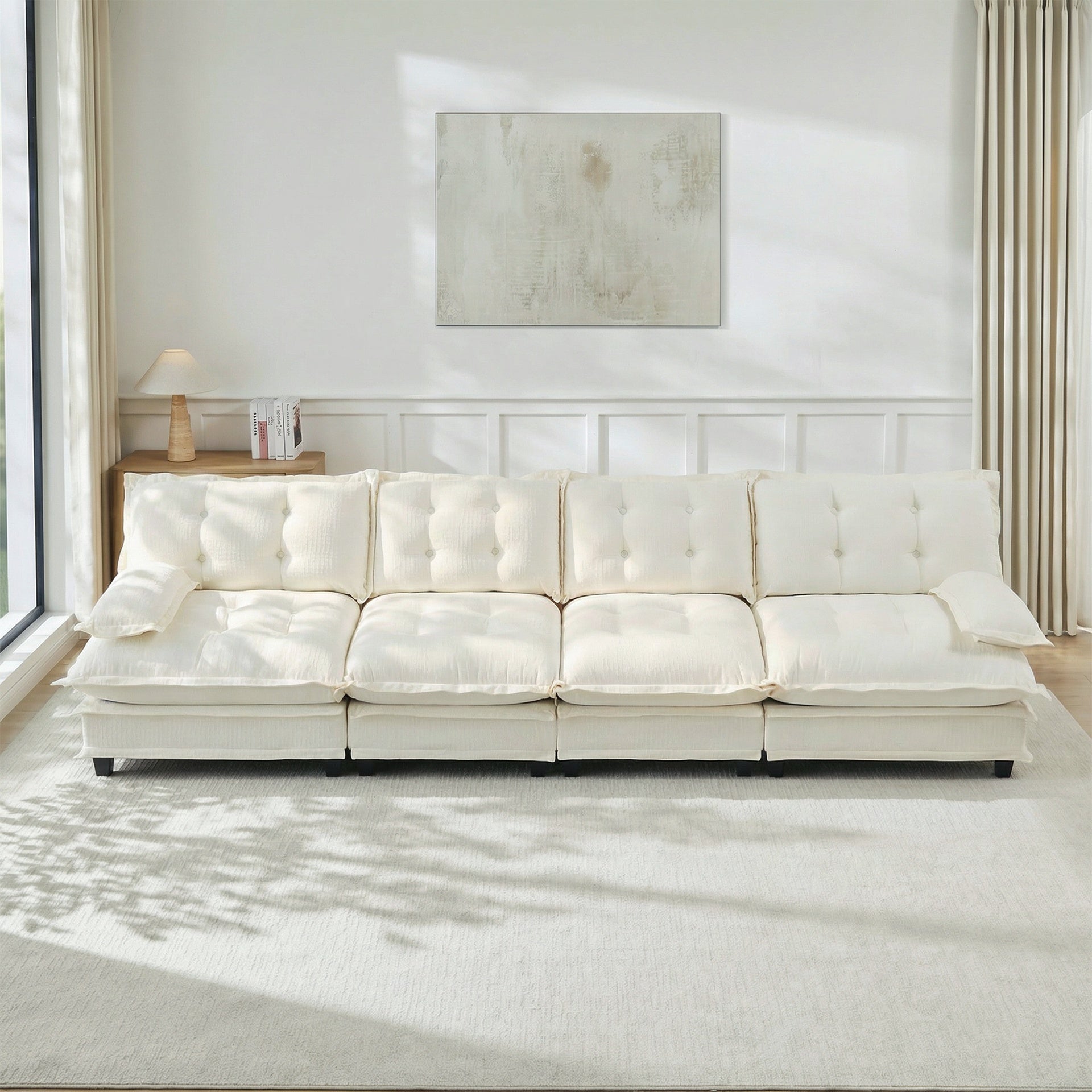 138" 4-Seater Cloud Sofa, Modular Sectional Couch, Modern Deep Seat Sofa for Living Room, Comfy Lattice Decored Seat Cushion, Breathable Chenille Fabric, Beige