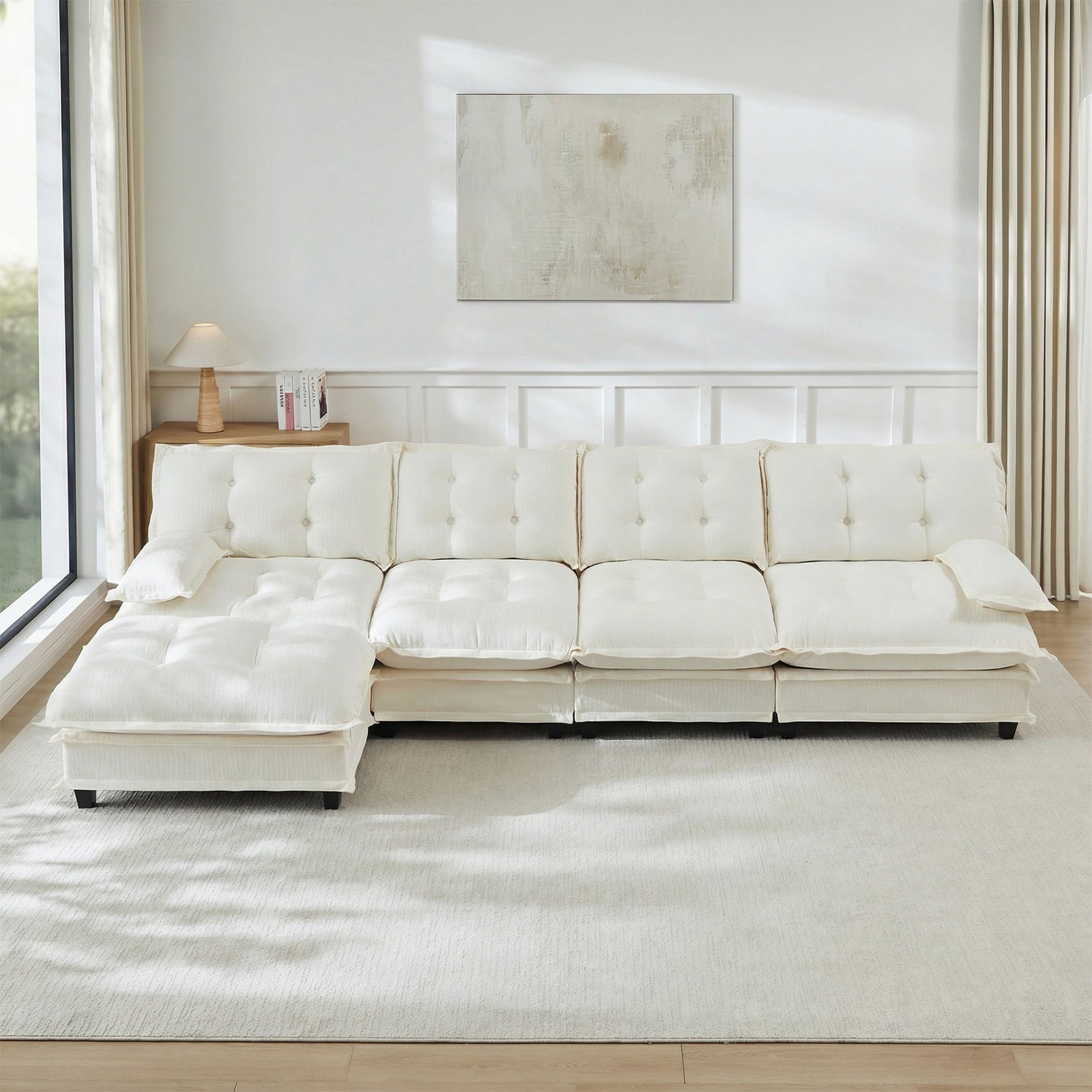 138" L Shaped Modern Sofa Modular Sectional Cloud Couch with Ottoman, 4-Seat Chenille Deep Seat Sofa with Comfy Lattice Decored Seat Cushion, Bedroom and Apartment, Beige