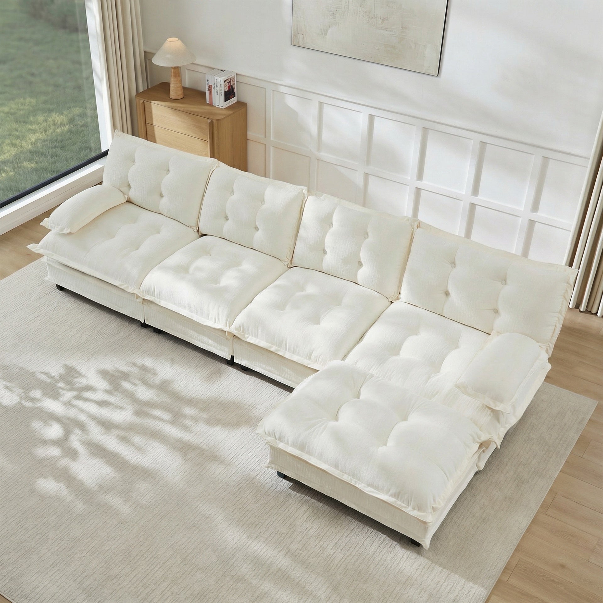 138" L Shaped Modern Sofa Modular Sectional Cloud Couch with Ottoman, 4-Seat Chenille Deep Seat Sofa with Comfy Lattice Decored Seat Cushion, Bedroom and Apartment, Beige